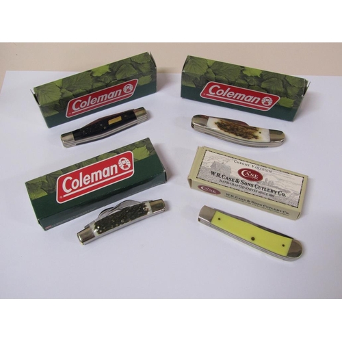 1544 - BOX OF THREE COLEMAN PENKNIVES; CASE PENKNIFE