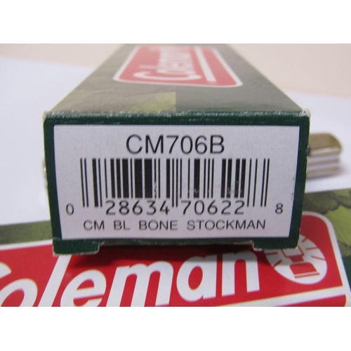 1544 - BOX OF THREE COLEMAN PENKNIVES; CASE PENKNIFE