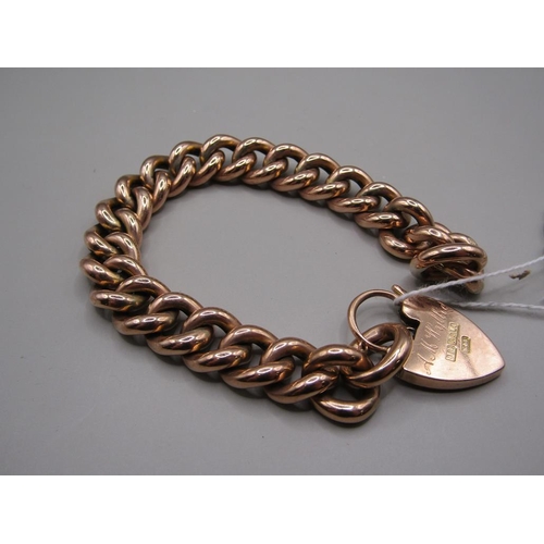 1553 - 9CT GOLD HEAVY LINK BRACELET WITH HEART SHAPED PADLOCK, 26g