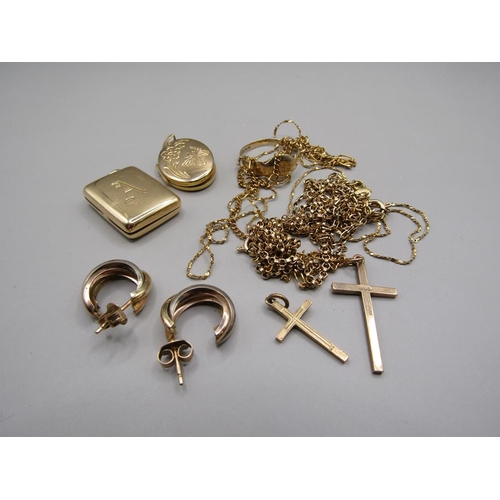 1557 - COLLECTION OF 9CT GOLD TO INCL EARRINGS, CHAIN ETC, 15CT GOLD PENDANT LOCKET