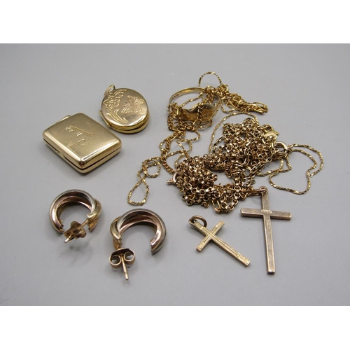 1557 - COLLECTION OF 9CT GOLD TO INCL EARRINGS, CHAIN ETC, 15CT GOLD PENDANT LOCKET