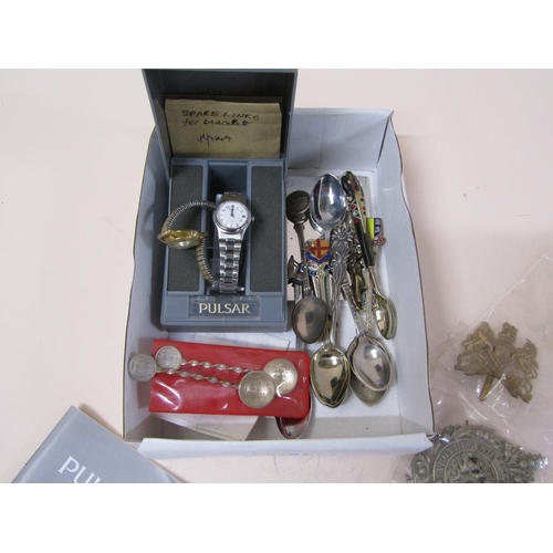 1622 - BOX OF MISC TO INCL WATCHES, MILITARY BADGES, SPOONS ETC