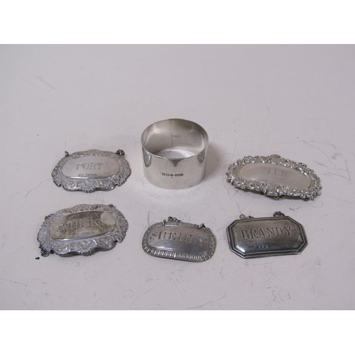 1630 - FIVE SILVER BOTTLE LABELS, NAPKIN RING