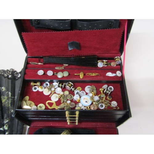 1647 - JEWELLERY BOX AND CONTENTS TO INCL TELESCOPE FAN ETC