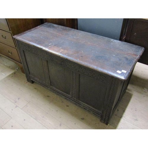 1917 - LATE 17C OAK THREE PANEL COFFER, 133CM W, 70CM H