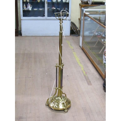 1313 - LATE 19C/EARLY 20C BRASS ADUSTABLE HEIGHT LAMP STAND CONVERTED TO ELECTRICITY, 122CM H