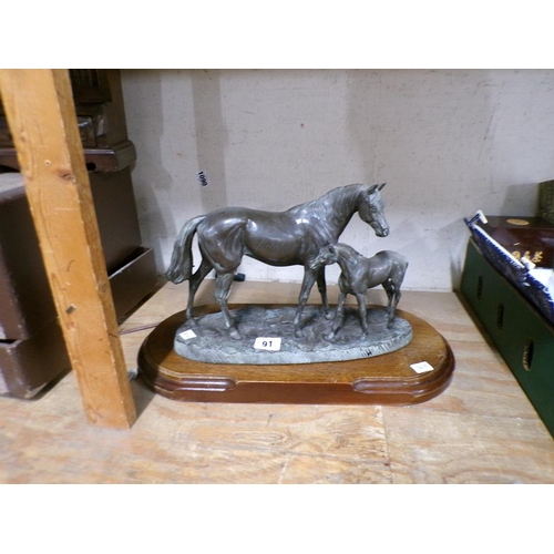 91 - BRONZED HORSE AND FOAL ON WOODEN STAND