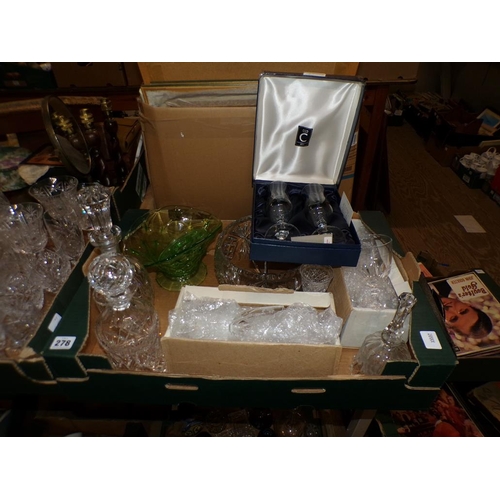 278 - BOX OF CRYSTAL GLASSWARE TO INCL DECANTERS