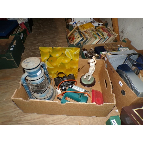 301 - BOX TO INCL TILLEY LAMP, BINOCULARS, POWER TOOL ETC