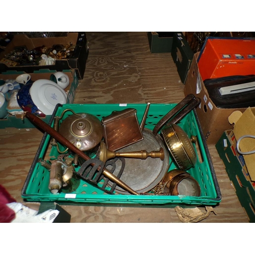 305 - BOX OF METALWARE, BLOW TORCHES, SKILLETS ETC