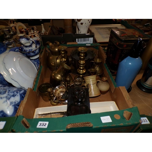 332 - MIXED METALWARE, MEASURING JUGS, CANDLESTICKS ETC