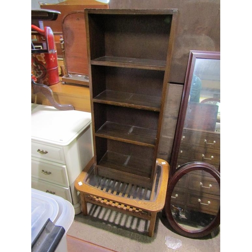 864 - GLASS TOP TABLE AND A MAHOGANY BOOKCASE