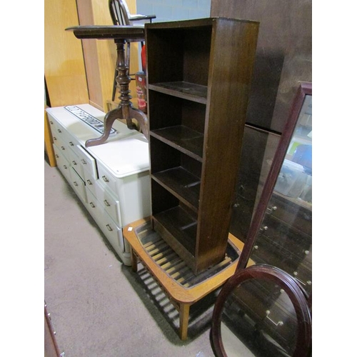 864 - GLASS TOP TABLE AND A MAHOGANY BOOKCASE