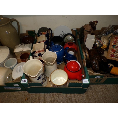 382 - BOX TO INCL TEAPOTS, JUGS, ETC