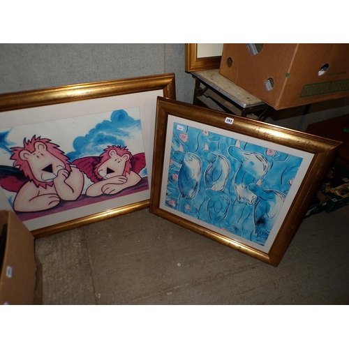 393 - TWO FRAMED COLOURED PRINTS - DUCKS AND LIONS