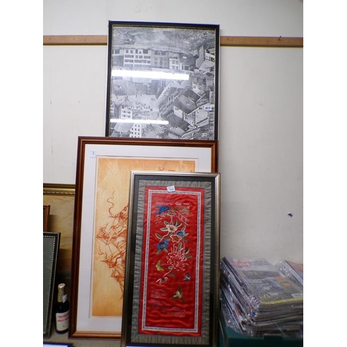 417 - QTY OF FRAMED PRINTS, ORIENTAL EMBROIDERED PANEL