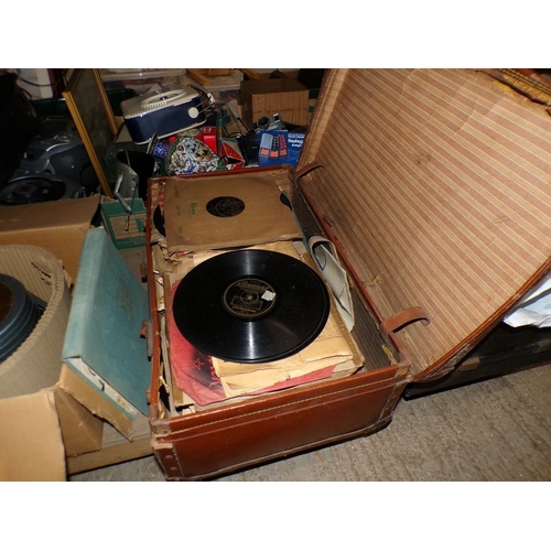 487 - LEATHER CASE WITH GRAMOPHONE RECORDS; RECORD PLAYER