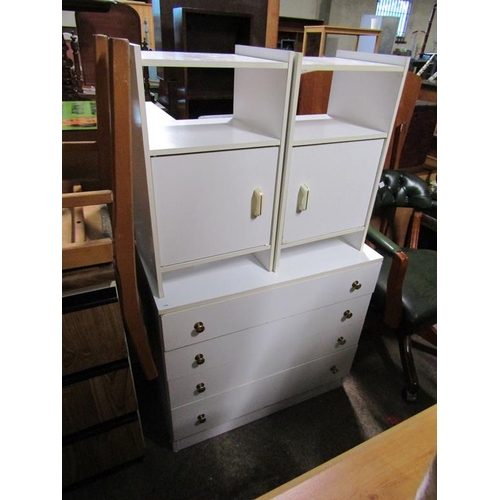 901 - MELAMINE CHEST OF DRAWERS; TWO BEDSIDE CUPBOARDS