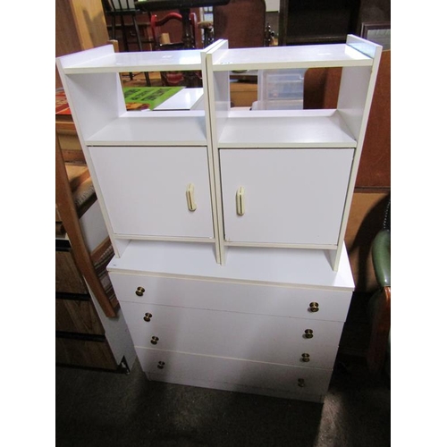 901 - MELAMINE CHEST OF DRAWERS; TWO BEDSIDE CUPBOARDS