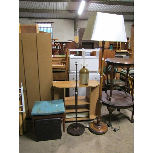 927 - TWO STANDARD LAMPS - ONE WITH SHADE; TWO FOOTSTOOLS