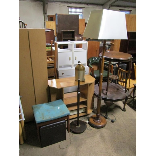 927 - TWO STANDARD LAMPS - ONE WITH SHADE; TWO FOOTSTOOLS