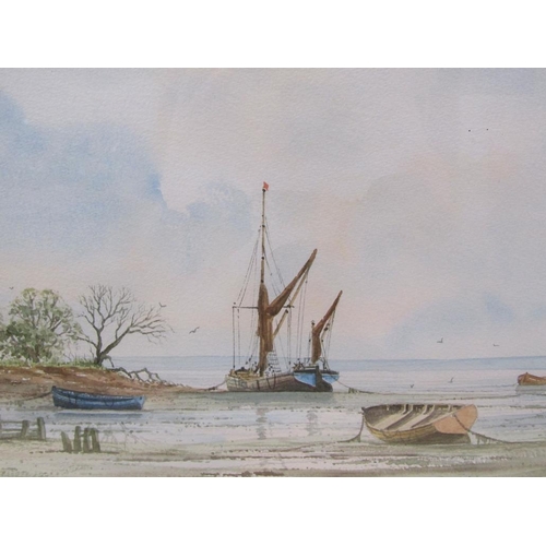 1200 - ALAN WHITEHEAD - PAIR, MOORED SAILING VESSEL & THREE COASTAL SAILING BOATS, SIGNED WATERCOLOURS, F/G... 