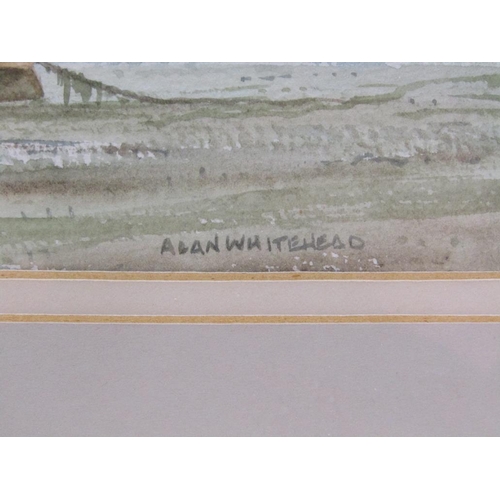 1200 - ALAN WHITEHEAD - PAIR, MOORED SAILING VESSEL & THREE COASTAL SAILING BOATS, SIGNED WATERCOLOURS, F/G... 