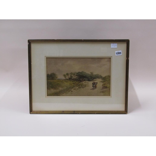 1203 - IN THE MANNER OF DAVID COX 1845 - TWO FAGGOT GATHERERS ON THE DUNES, SIGNED AND DATED WATERCOLOUR, F... 