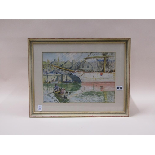 1205 - SYDNEY CARTER - THE MOORED SAILING VESSEL BUECLEUCH, SIGNED WATERCOLOUR, F/G, 25CM X 37CM