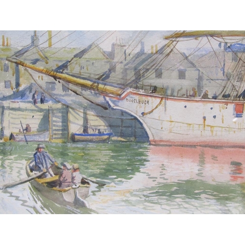 1205 - SYDNEY CARTER - THE MOORED SAILING VESSEL BUECLEUCH, SIGNED WATERCOLOUR, F/G, 25CM X 37CM