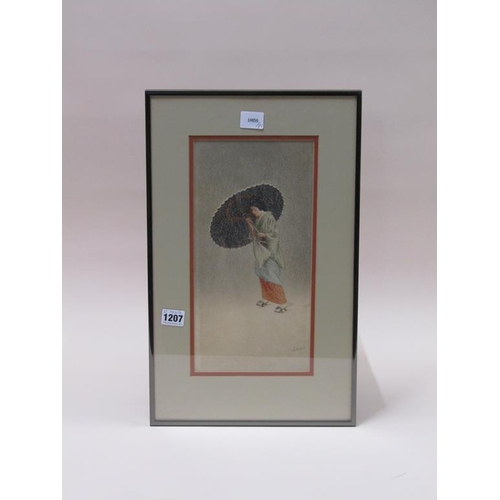 1207 - S HODO - JAPANESE LADY WITH PARASOL, SIGNED WATERCOLOUR, F/G, 37CM X 16CM