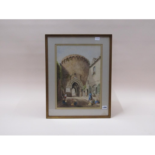 1209 - MONO A.N 1885 - STREET SCENE WITH FIGURES CLOSE TO A TOWN GATE, SIGNED AND DATED, WATERCOLOUR, F/G, ... 