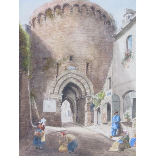1209 - MONO A.N 1885 - STREET SCENE WITH FIGURES CLOSE TO A TOWN GATE, SIGNED AND DATED, WATERCOLOUR, F/G, ... 