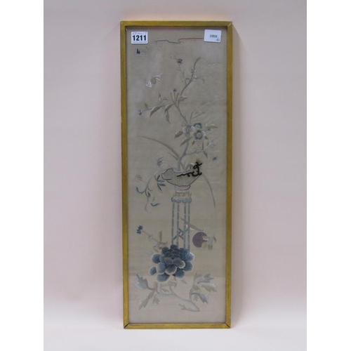 1211 - JAPANESE MEIJI PERIOD SILK WORK PICTURE - FLOWERS IN JARDINIERE ON STAND, F/G, 58CM X 19CM