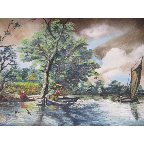 1217 - SIGNED R.A.B - BOATS ON A RIVER SETTING, SIGNED OIL ON PANEL, FRAMED, 27CMX 36CM