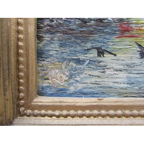 1217 - SIGNED R.A.B - BOATS ON A RIVER SETTING, SIGNED OIL ON PANEL, FRAMED, 27CMX 36CM