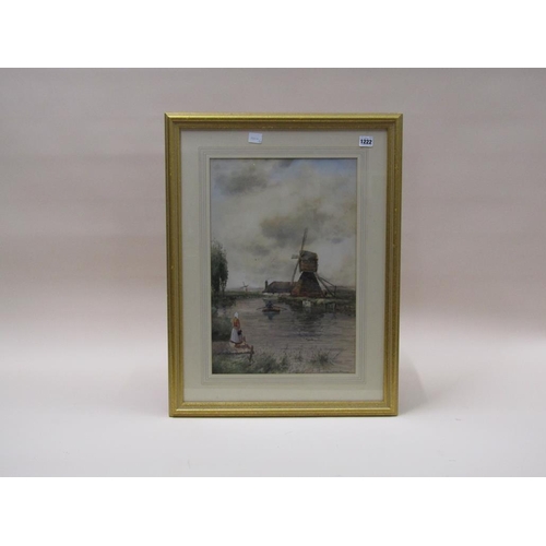 1222 - G VAN RYN - DUTCH CANAL WITH WINDMILL COTTAGE AND FIGURE IN A BOAT, SIGNED WATERCOLOUR, F/G, 51CM X ... 