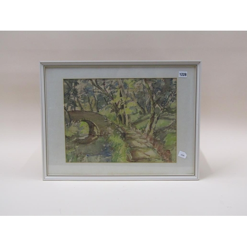 1228 - MARGARET LAWTHER - STONE BRIDGE IN A WOODLAND SETTING, SIGNED WATERCOLOUR, F/G, 32CM X 48CM