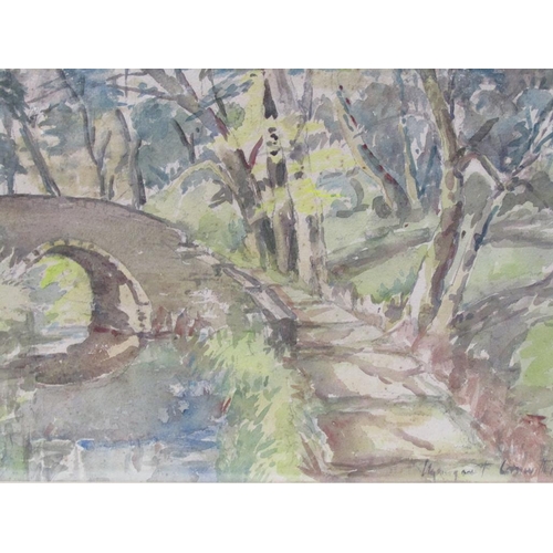 1228 - MARGARET LAWTHER - STONE BRIDGE IN A WOODLAND SETTING, SIGNED WATERCOLOUR, F/G, 32CM X 48CM