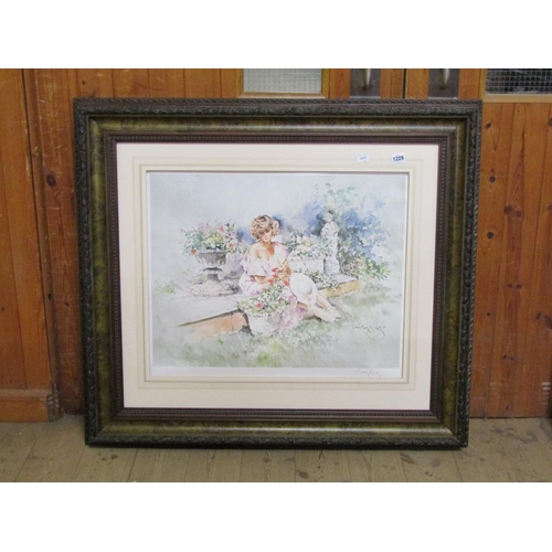 1229 - GORDON KING - LADY SEATED IN AN ITALIAN GARDEN, SIGNED IN PENCIL, F/G COLOURED PRINT, 52CM X 64CM; S... 