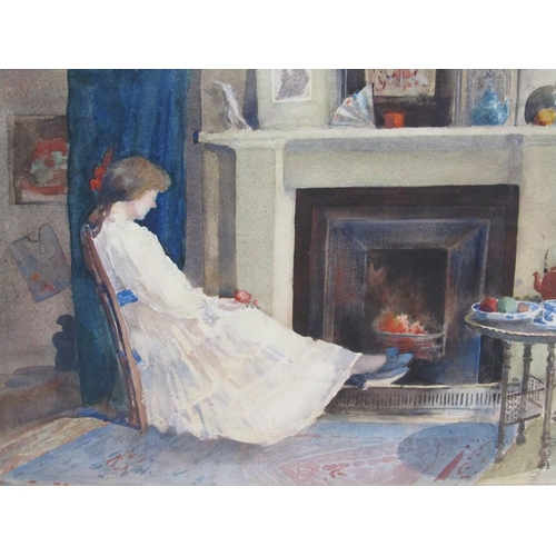 1244 - UNSIGNED - EARLY 20C INTERIOR SCENE WITH LADY SEATED, WATERCOLOUR, F/G, 35CM X 50CM