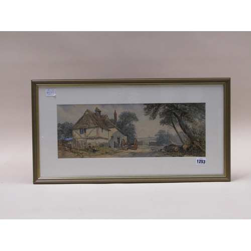 1253 - UNSIGNED 19C - ROADSIDE COTTAGE WITH TIMBER TRUCK, WATERCOLOUR, F/G, 18CM X 45CM