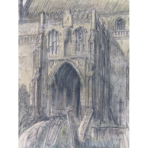 1259 - SOUTHERN PORCH OF ST. MARGARETS - SIGNED INDISTINCTLY, BLACK CHALK AND WATERCOLOUR, F/G, 44CM X 32CM