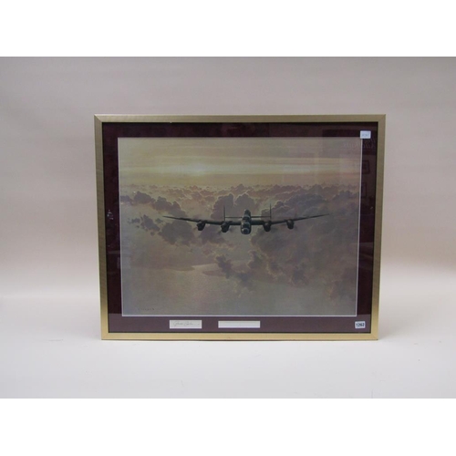 1262 - GERALD COULSON - FRAMED COLOURED PRINT, OUTBOUND LANCASTER CROSSING THE EAST COAST, F/G, 56CM X 74CM