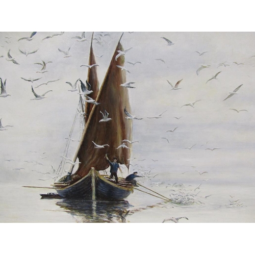 1267 - W YOUNG - COASTAL FISHIHG BOAT HAULING IN THE CATCH, SIGNED, OIL ON PANEL, FRAMED, 43CM X 64CM