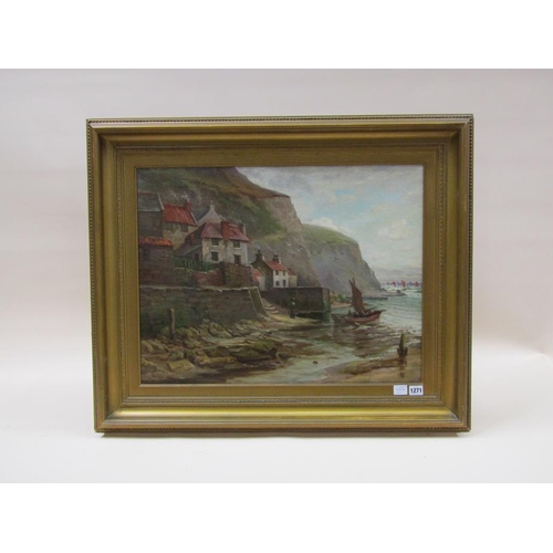 1271 - N.C MORLEY - COASTAL FISHING VILLAGE, SIGNED OIL ON CANVAS, FRAMED, 50CM X 65CM