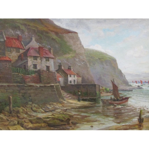 1271 - N.C MORLEY - COASTAL FISHING VILLAGE, SIGNED OIL ON CANVAS, FRAMED, 50CM X 65CM