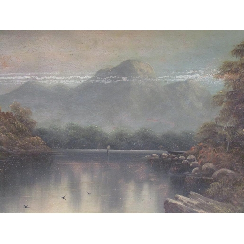 1272 - W COLLINS - EXTENSIVE MOUNTAINOUS LANDSCAPE WITH LAKE, OIL ON BOARD, FRAMED, 44CM X 110CM