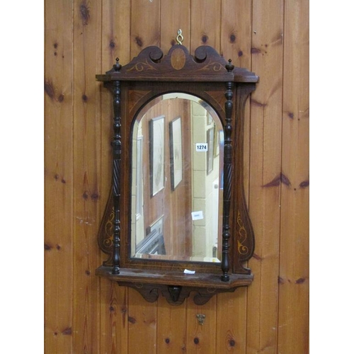 1274 - LATE 19C MARQUETRY DECORATED MIRROR BACK WALL BRACKET, 74CM W, 47CM H
