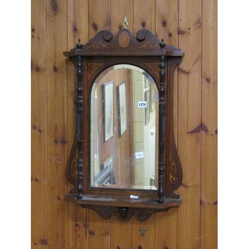 1274 - LATE 19C MARQUETRY DECORATED MIRROR BACK WALL BRACKET, 74CM W, 47CM H